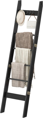 Blanket Ladder for Living Room, Decorative Quilt Rack with 4 Removable Hooks, 6-Tier Farmhouse Ladder Holder Shelf Organizer for Bedroom, Black BR31504B