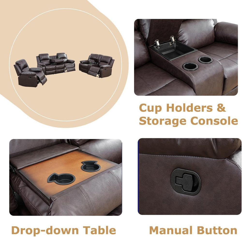 Manual Reclining Couch Sofa Set with Drop-Down Table, 3 Pieces Brown Leather ...