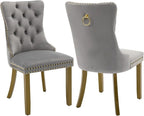 Velvet Dining Chairs Set of 2, Kitchen & Dining Room Chairs, Upholstered Dining Chairs with Back Ring Pull and Golden Solid Wood Legs, Modern Tufted Kitchen Chairs for Dining Room, Light Grey
