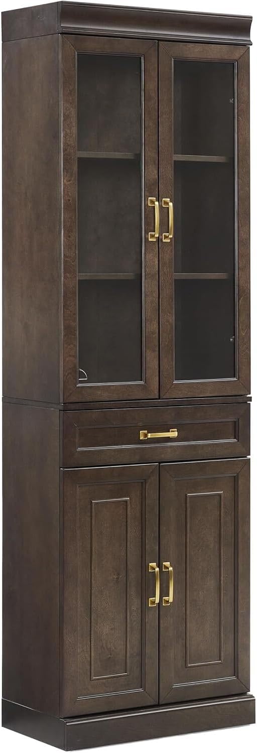 HomeStock Renaissance Refinement Stanton Glass Door Kitchen Storage Pantry Cabinet - 14.5" D x 23.75" W x 78" H, Durable, Adjustable Shelf, Floor Mountable, Rectangular