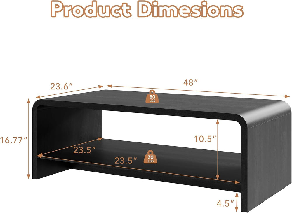 48" Coffee Table with Open Storage Shelf, 2-Tier Minimalist Wooden Coffe...