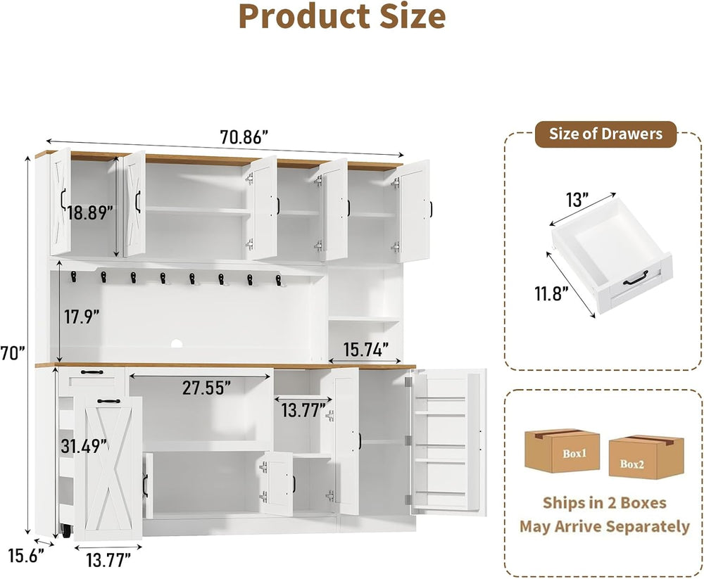 70.87" Kitchen Pantry Cabinet with LED Lighting & Charging Station, ...