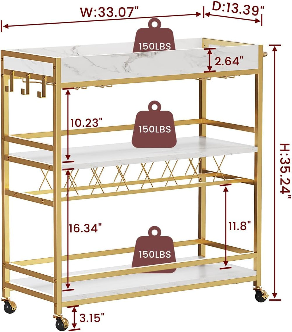 BON AUGURE Gold Bar Cart on Wheels for Home with Wine Rack & Glass Holder...