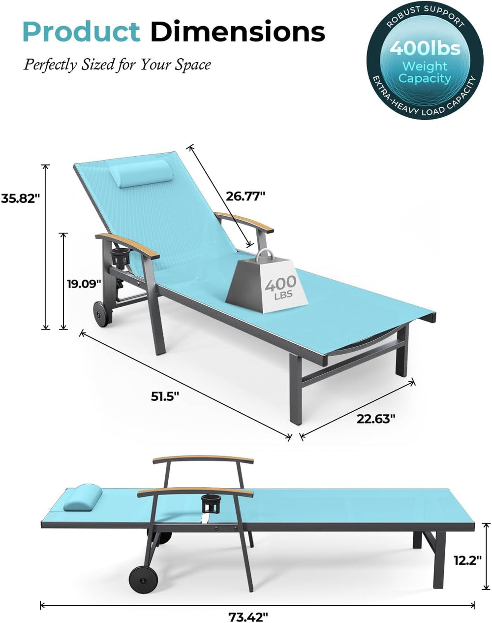 Ciokea Outdoor Lounge Chair with Pillow, 5-Position Chaise Lounge with Wheels...