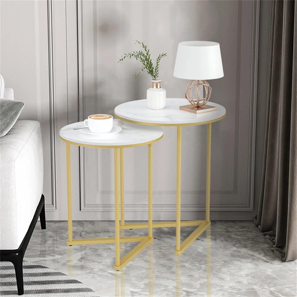 Set of 2 Modern Round Marble Metal Base Nesting Set Side Accent Table Living ...