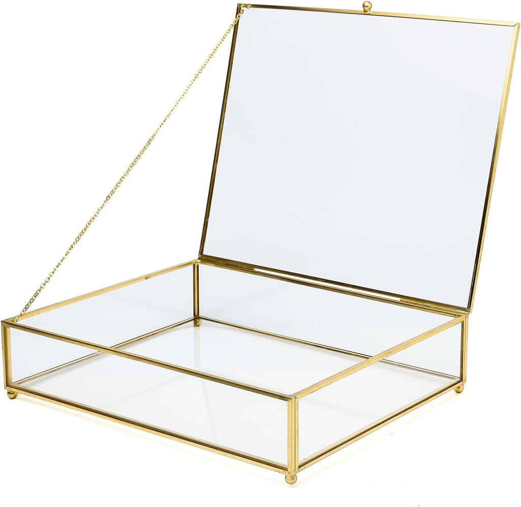 Vintage Glass Jewelry Box Keepsake Box with Hinged Lid, Clear Rectangle Storage Box Great for Storage Trinket/Jewelry/Card/Photo,Gift for Birthday Wedding-GCB009-Large