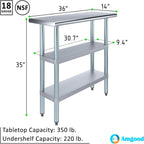 AmGood Stainless Steel Work Table with 2 Shelves | NSF | Metal Utility Table (36" Long x 14" Deep)