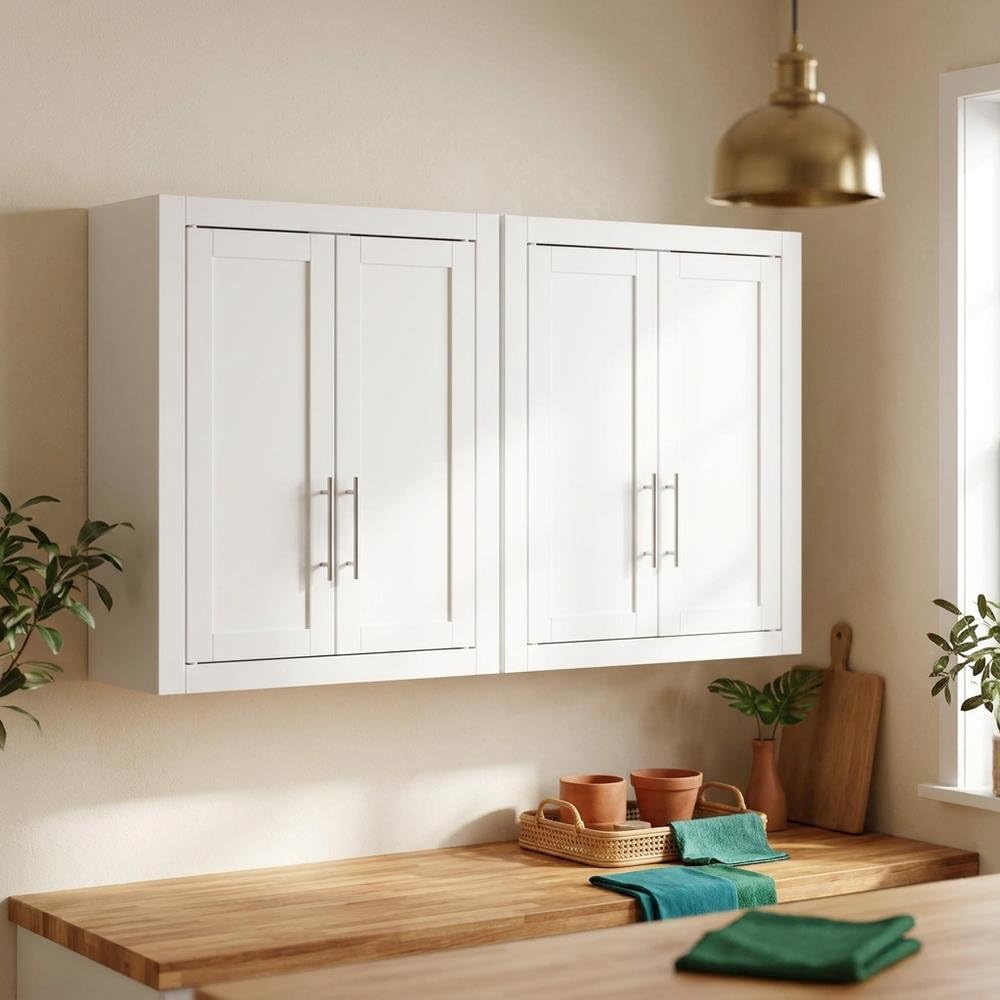 Furnifact White 2-Piece Wall Kitchen Cabinet Set, MDF Birch Veneer, Floating ...
