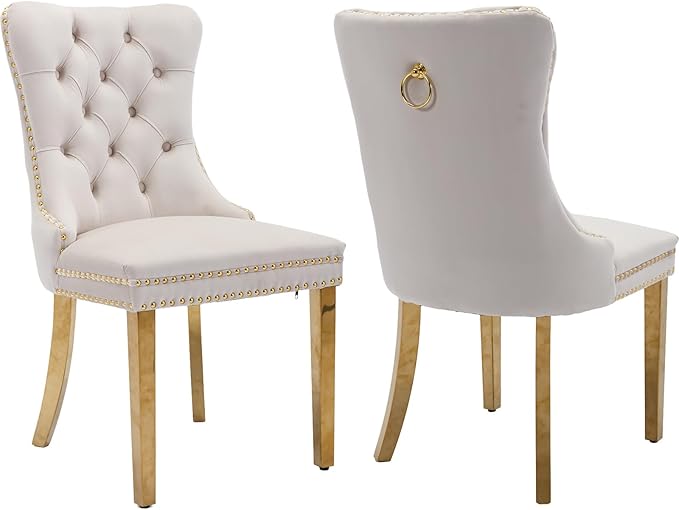 Mid Century Modern Dining Chairs Set of 2, Beige Velvet Upholstered Tufted Back, Kitchen & Dining Room Chairs, Gold Metal Legs, Nailhead Trim, Sillas para Comedor (Beige, 2 Pcs)