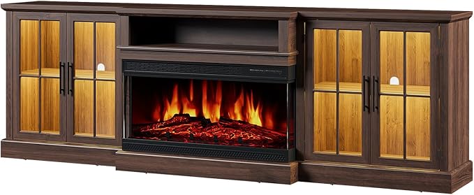 98" Farmhouse TV Stand with 36" Fireplace for TVs up to 100", Media Entertainment Center with Adjustable Shelves and Large Storage Cabinets, for Living Room, Brown & Black