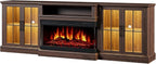 98" Farmhouse TV Stand with 36" Fireplace for TVs up to 100", Media Entertainment Center with Adjustable Shelves and Large Storage Cabinets, for Living Room, Brown & Black