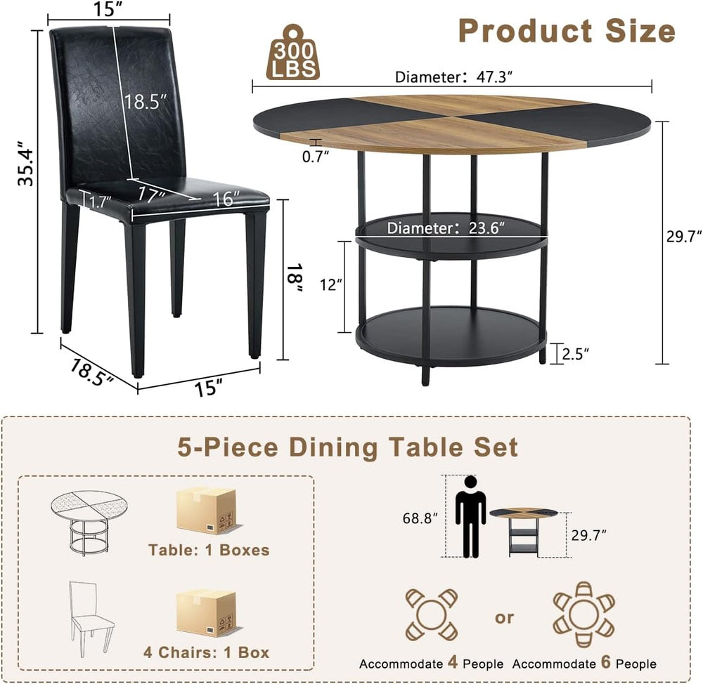 47 Inch Round Dining Table Set for 4，Kitchen Table and Chairs for 4 with Stor...