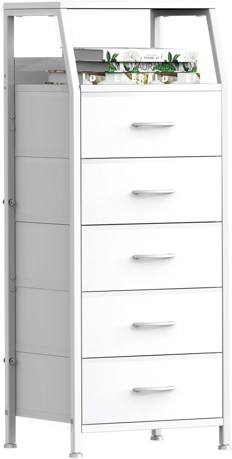 5 Drawers White Tall Fabric Dresser for Bedroom, Dorm Nightstand | Vertical S...