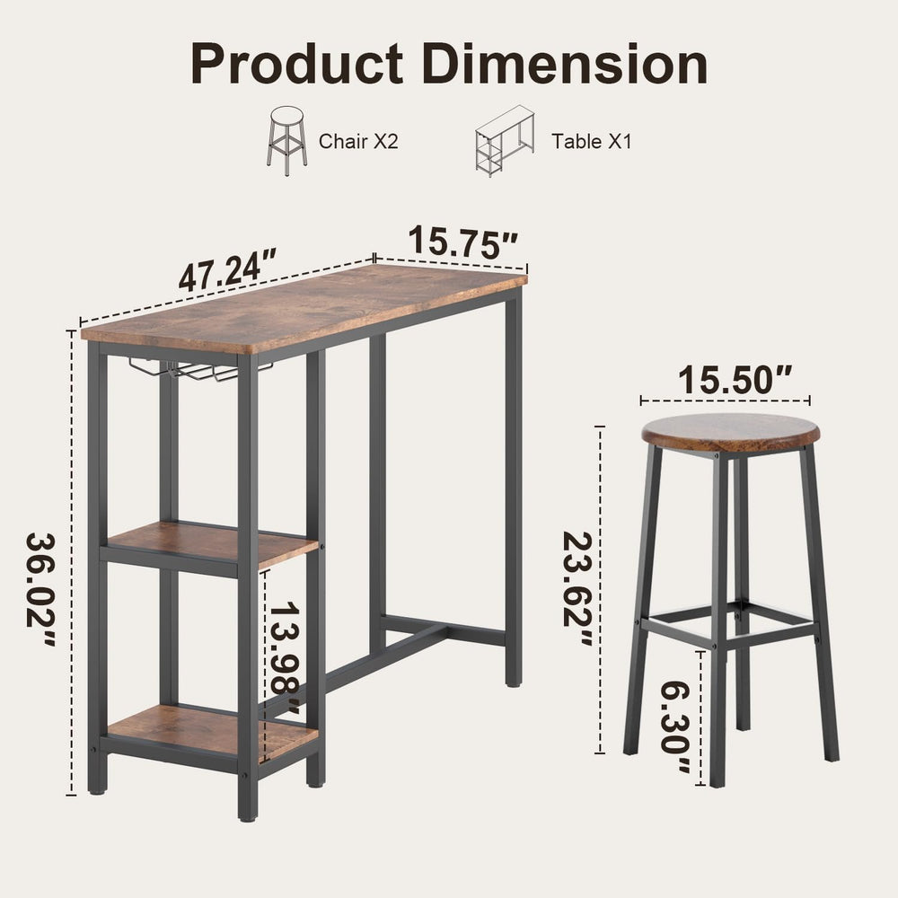 Qsun 3-Piece Bar Table Set for 2 | Bar Height Table with Stools & 2 Stora...