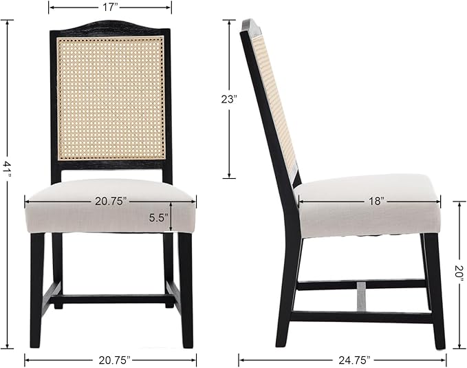 EALSON Rattan Dining Chairs Set of 2 Linen Upholstered Dining Room Chairs with Cane Back Mid Century Modern Kitchen Chairs Black Wood Frame Side Chair for Dining Room, Beige