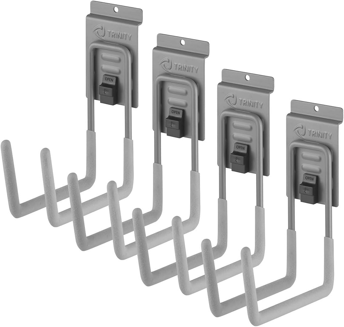 TRINITY 6" Deep Double Hook for Slatwall with Spring Lock, Light Gray, 4 Pack