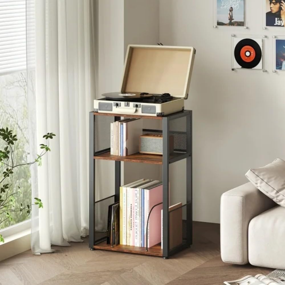 3 Tier Wooden End Table with Vinyl Storage Up to 100 Albums, Record Player St...