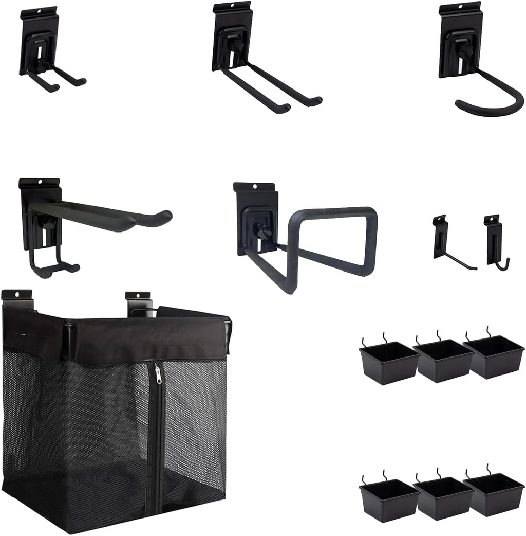 Slatwall Hooks Accessory 14 Pcs, Heavy Duty Single and Double Slatwall Hooks & Hanger Metal Accessories with 6 Slatwall Bin, 1x Slatwall Basket with Zipper