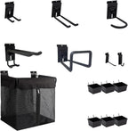 Slatwall Hooks Accessory 14 Pcs, Heavy Duty Single and Double Slatwall Hooks & Hanger Metal Accessories with 6 Slatwall Bin, 1x Slatwall Basket with Zipper