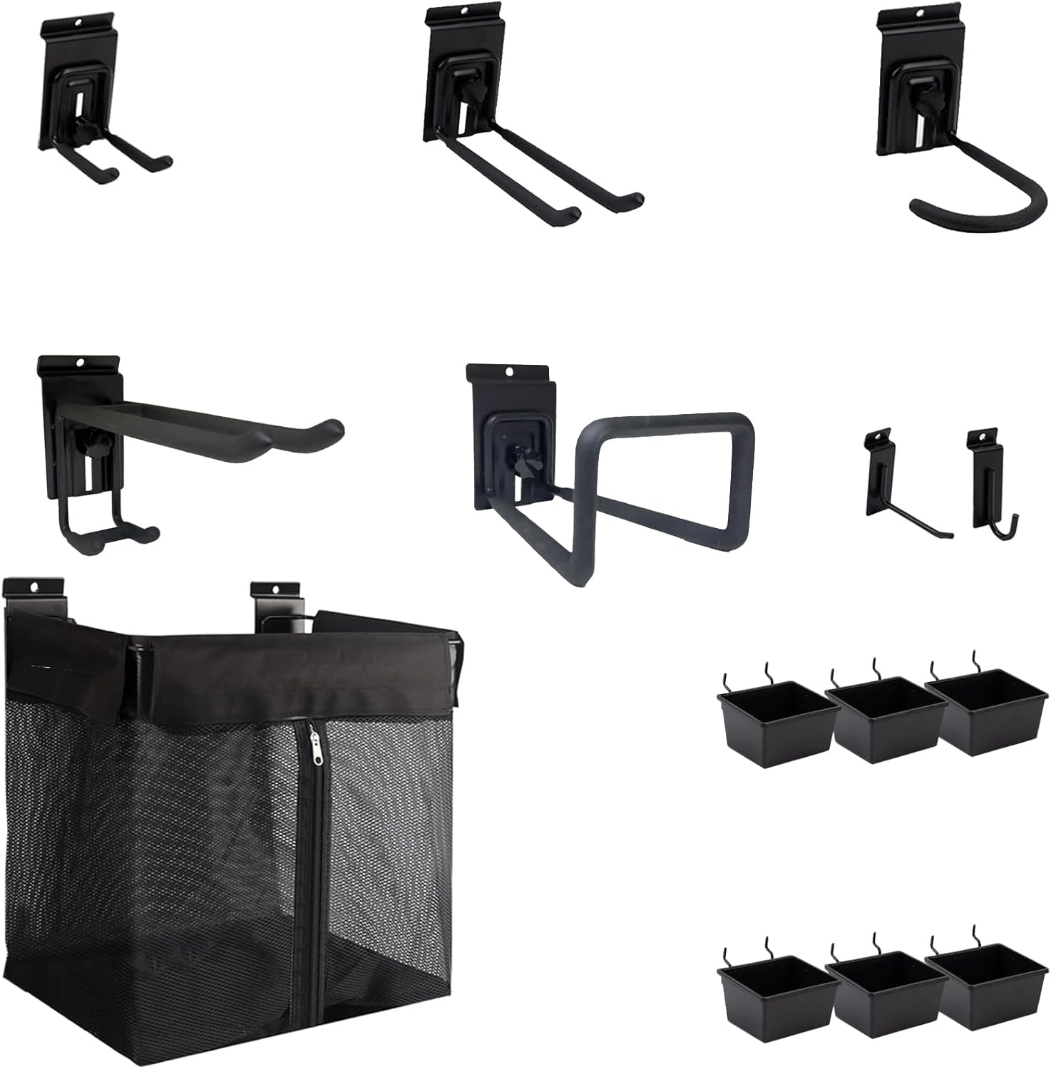 Slatwall Hooks Accessory 14 Pcs, Heavy Duty Single and Double Slatwall Hooks & Hanger Metal Accessories with 6 Slatwall Bin, 1x Slatwall Basket with Zipper
