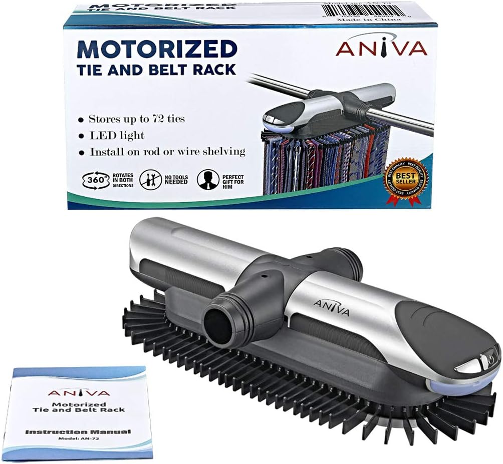 Aniva Motorized Tie Rack Closet Organizer with LED Lights Includes J Hooks for Wired Shelving Stores Up to 72 Ties & 8 Belts, Operates with Batteries