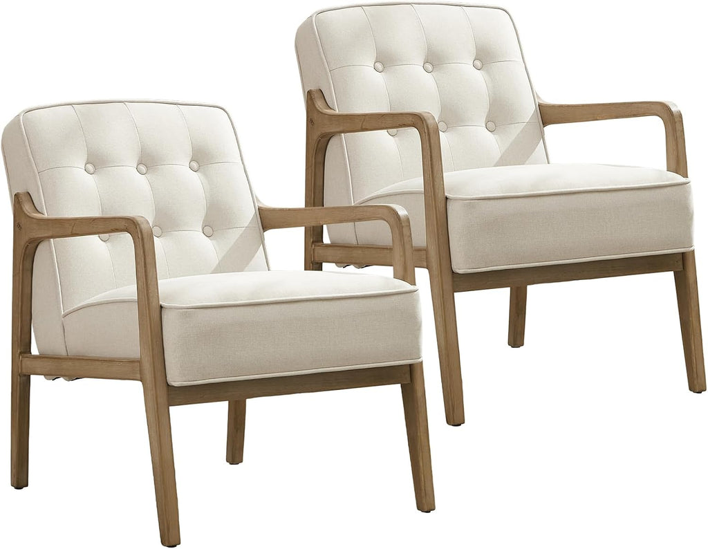 SOFTHION Linen Mid Century Modern Chair with Solid Wood Frame 2-Pack, White | Upholstered Tufted Leisure Chair Reading Side Chair with Armrest, 105°Ergonomic Comfort for Living Room, Bedroom & Balcony