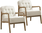 SOFTHION Linen Mid Century Modern Chair with Solid Wood Frame 2-Pack, White | Upholstered Tufted Leisure Chair Reading Side Chair with Armrest, 105°Ergonomic Comfort for Living Room, Bedroom & Balcony