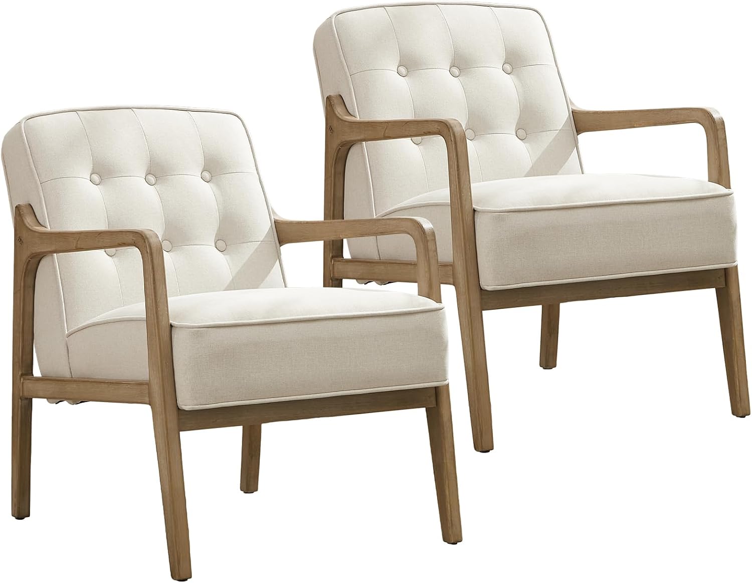 SOFTHION Linen Mid Century Modern Chair with Solid Wood Frame 2-Pack, White | Upholstered Tufted Leisure Chair Reading Side Chair with Armrest, 105°Ergonomic Comfort for Living Room, Bedroom & Balcony