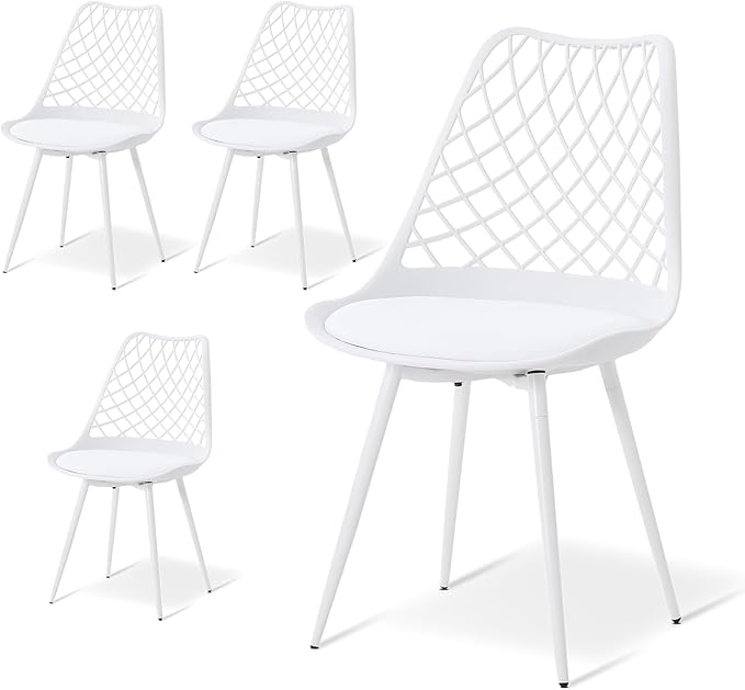 Modern Plastic Dining Chair Set of 4 - Padded Tulip Mid Century Chairs for Kitchen Living Room Mesh Design - Simple Side Chair with PU Leather Cushion for Indoor Outdoor Bistro Patio Cafes -White