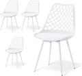 Modern Plastic Dining Chair Set of 4 - Padded Tulip Mid Century Chairs for Kitchen Living Room Mesh Design - Simple Side Chair with PU Leather Cushion for Indoor Outdoor Bistro Patio Cafes -White