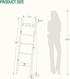 Blanket Ladder for Living Room, Decorative Quilt Rack with 4 Removable Hooks, 5-Tier Farmhouse Ladder Holder Shelf Organizer for Bedroom, Rustic Brown and Black 02101BBR