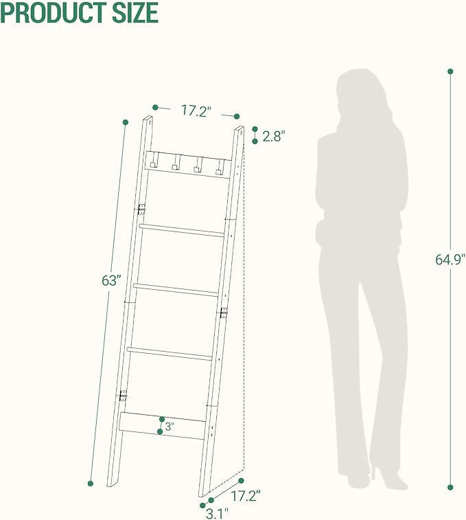 Blanket Ladder for Living Room, Decorative Quilt Rack with 4 Removable Hooks, 5-Tier Farmhouse Ladder Holder Shelf Organizer for Bedroom, Black Tea Brown and Black BR02120B
