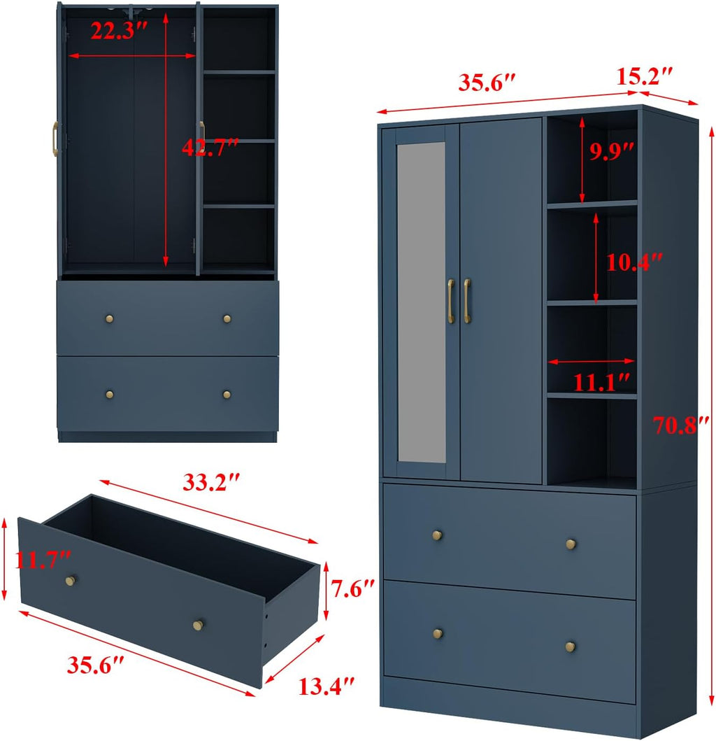 Homsee Wardrobe Armoire Wooden Closet with Mirror, 2 Doors, 2 Drawers, 4 Open Storage Cubes and Hanging Rod for Bedroom, Navy Blue (35.5”L x 15.8”W x 70.8”H)