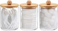 Tbestmax 10 Oz Cotton Swab/Ball/Pad Holder, Qtip Apothecary Jar, Clear Bathroom Containers Dispenser for Storage 3 Pack Wood Lids
