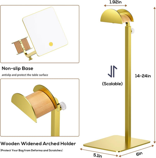 3 Pack Purse Display Stand, Handbag Purse Rack Stand Stainless Steel with Adjustable Height from 14.27" to 24" for Tabletop, Closet, Desk, and Retail Use - Metallic Gold
