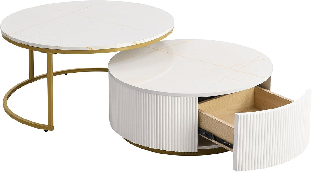 Nesting Coffee Table Set of 2, Round Coffee Table with Drawer for Living Room...