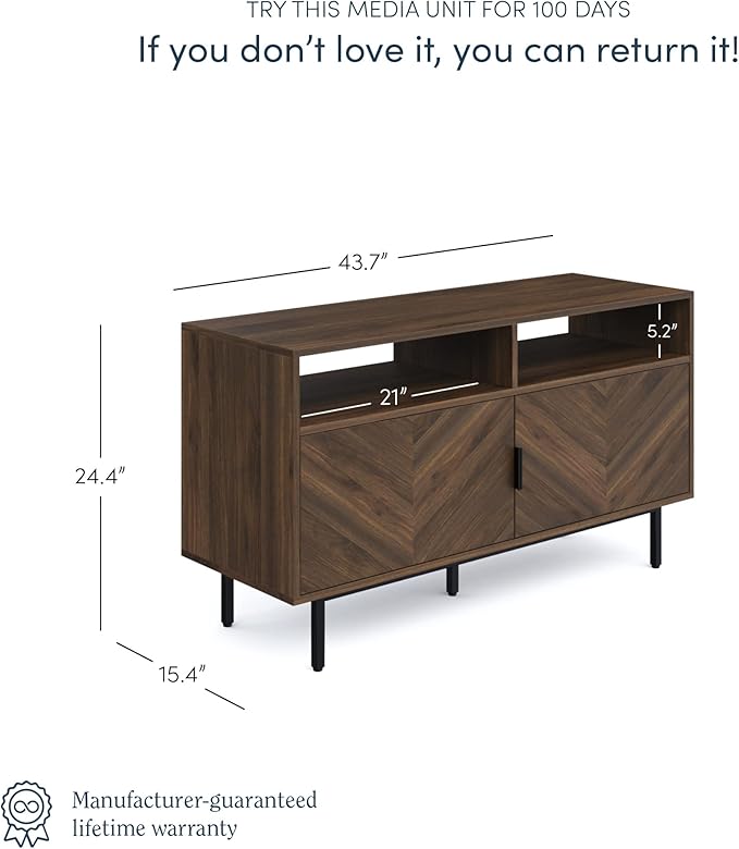 Nathan James Izsak Wood Media Console, TV Stand, Entertainment Cabinet with Herringbone Doors and Cubby Storage in a Rustic Dark Finish for Living, Dining Room or Entryway, Walnut Brown/Black