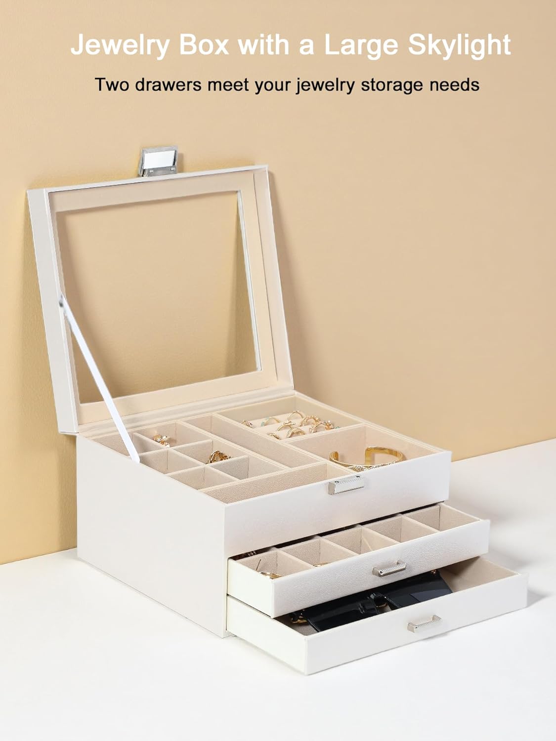 Clear Lid Jewelry Box,3 Layers Jewelry Organizer Large Multi-Functional Jewelry Storage Box with 2 Drawers,Jewelry Display Case of Rings Earrings Necklace Bracelets for Women Girls (Light gold)