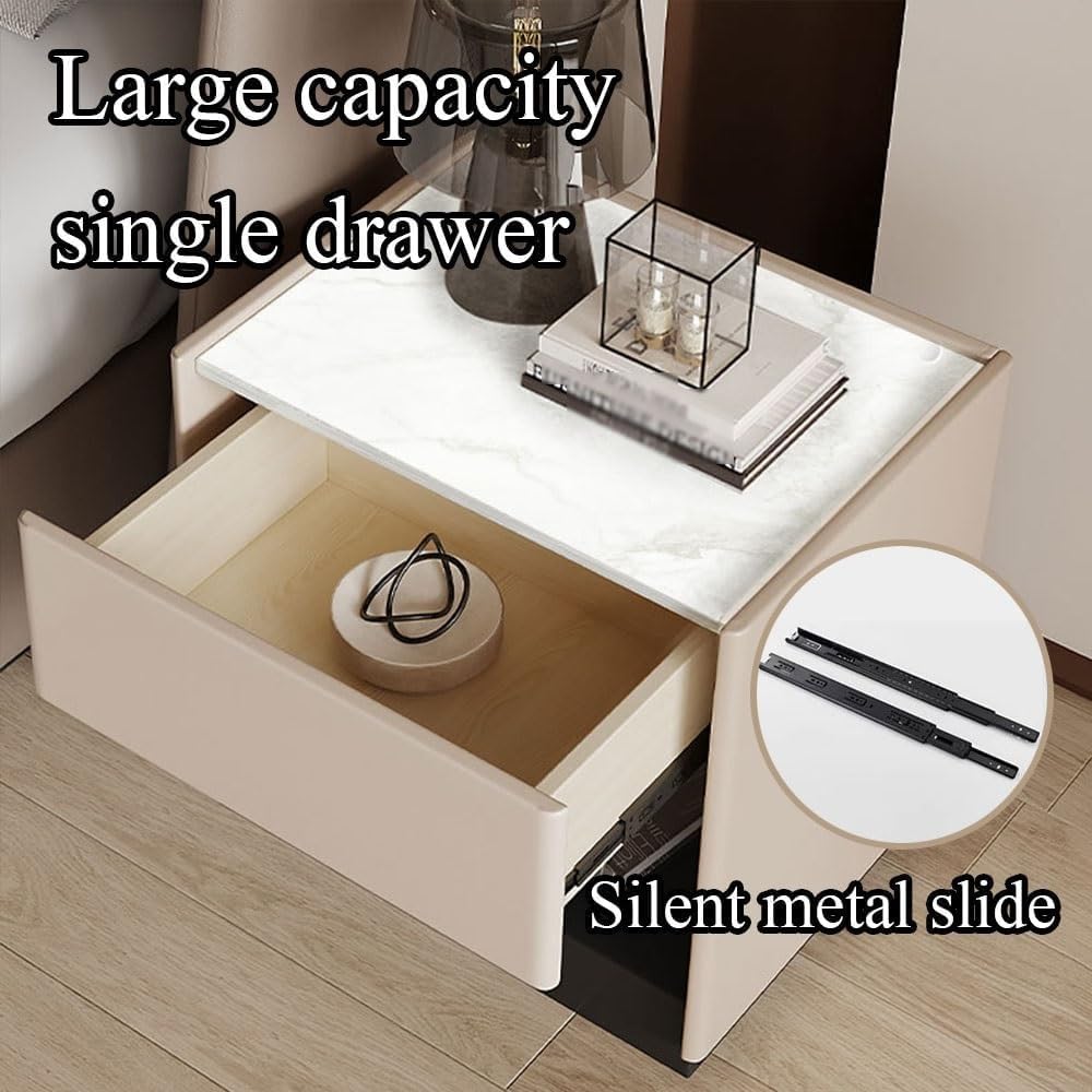 Wood Night Stand with Stone Slab Desktop Modern Bedside Table Side Table Deco...