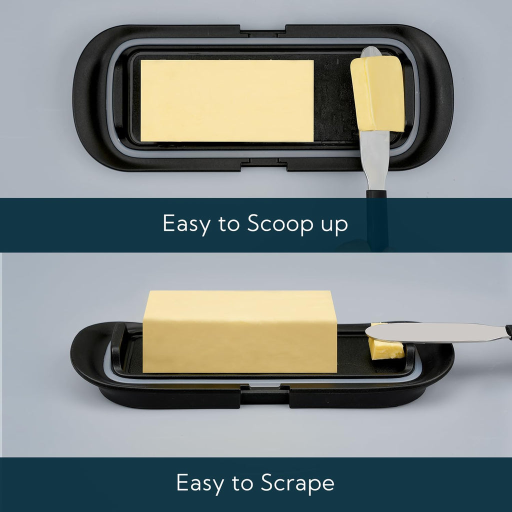 KITCHENDAO Airtight Butter Dish with Lid for Countertop and Refrigerator Door Shelf, Butter Holder with One Press to Open/Close Secure Latching Buckle, Butter Keeper for West/East Coast Butter (Black)