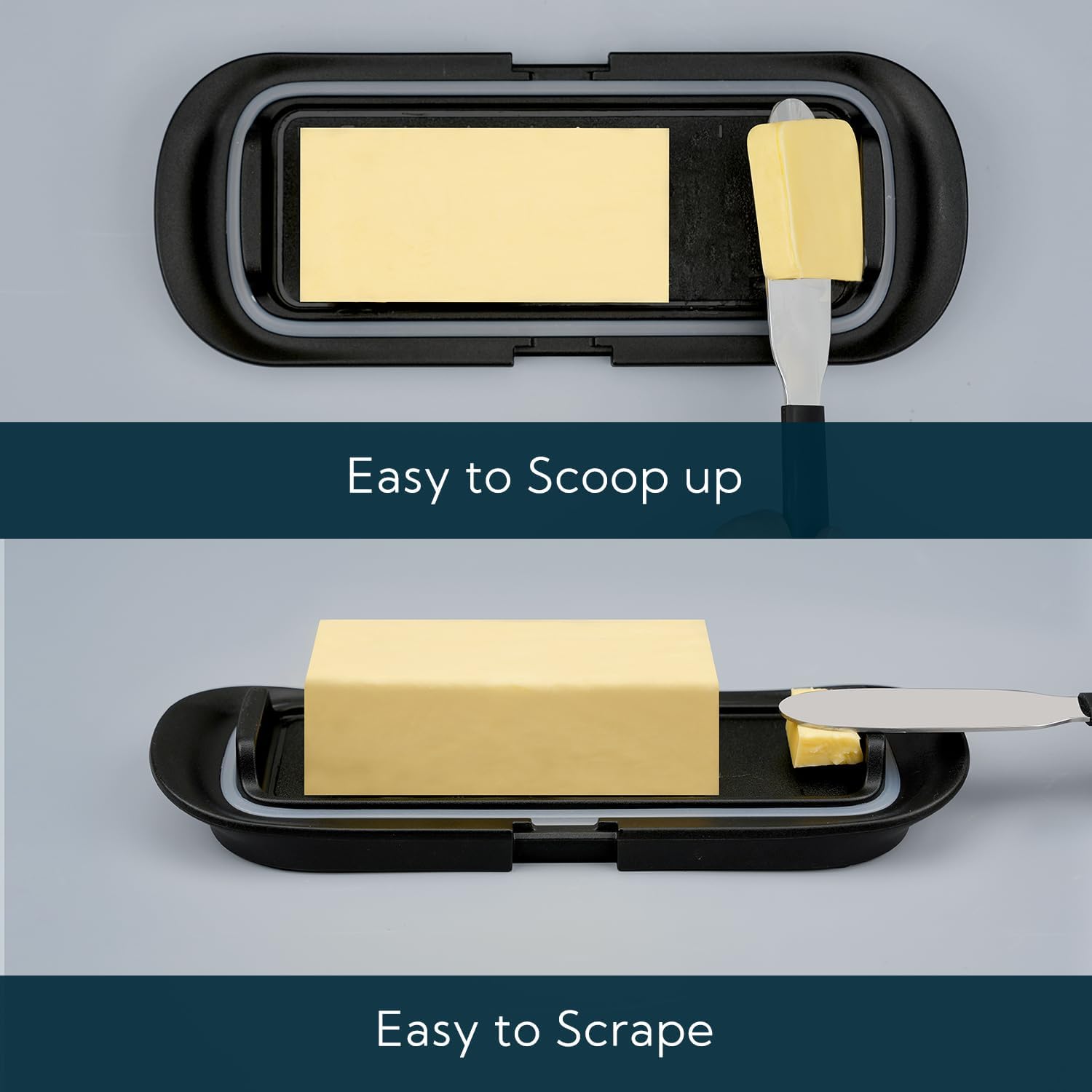 KITCHENDAO Airtight Butter Dish with Lid for Countertop and Refrigerator Door Shelf, Butter Holder with One Press to Open/Close Secure Latching Buckle, Butter Keeper for West/East Coast Butter (Black)