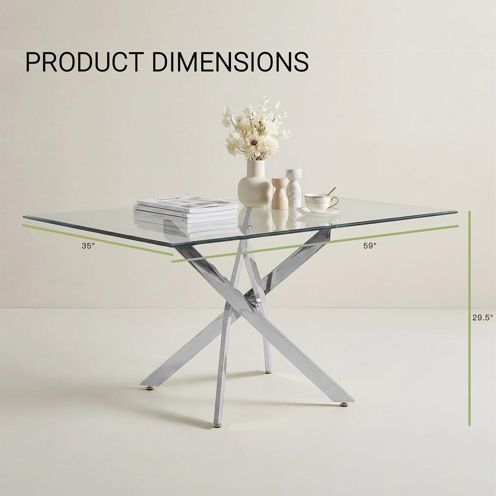59 Inch Glass Dining Table for 6, Modern Square Kitchen Table with Silver Leg...