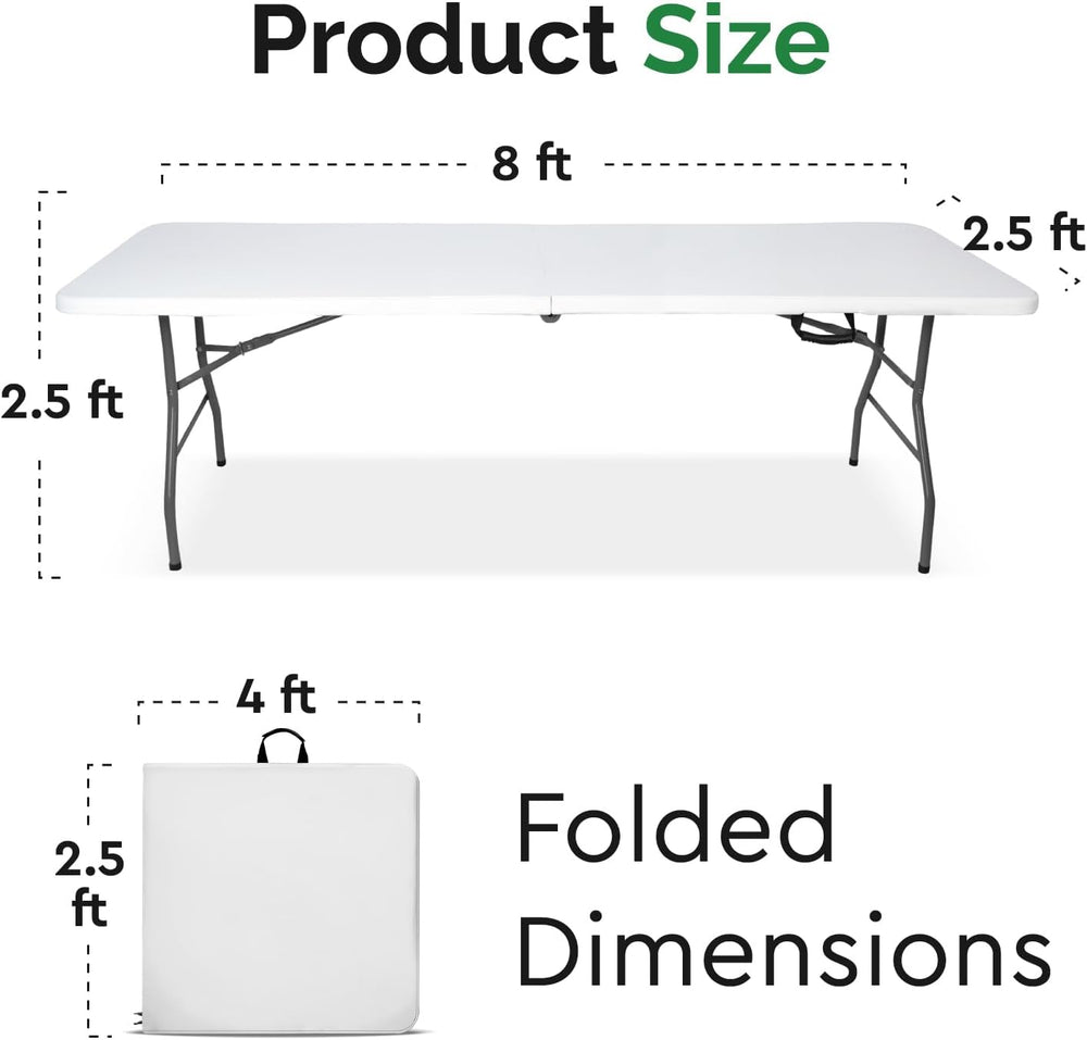 EconoHome White 8ft Folding Table with Handle | Heavy-Duty Foldable Table | P...