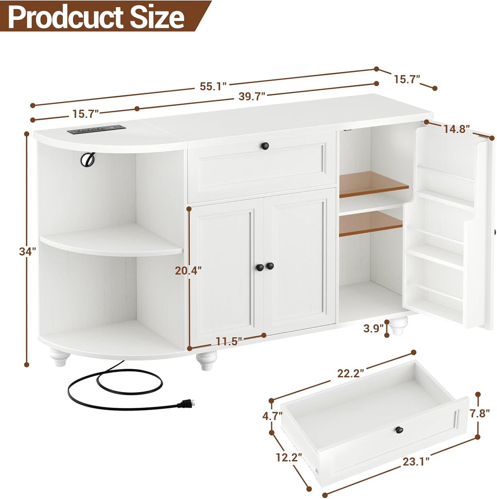 55" White Freestanding Coffee Bar Cabinet with Charging Station, Wine Rack, Drawer, Modern Liquor Wine Cabinet Home Mini Bar Sideboard Buffet Cabinet for Kitchen Dining Living Room Small Space