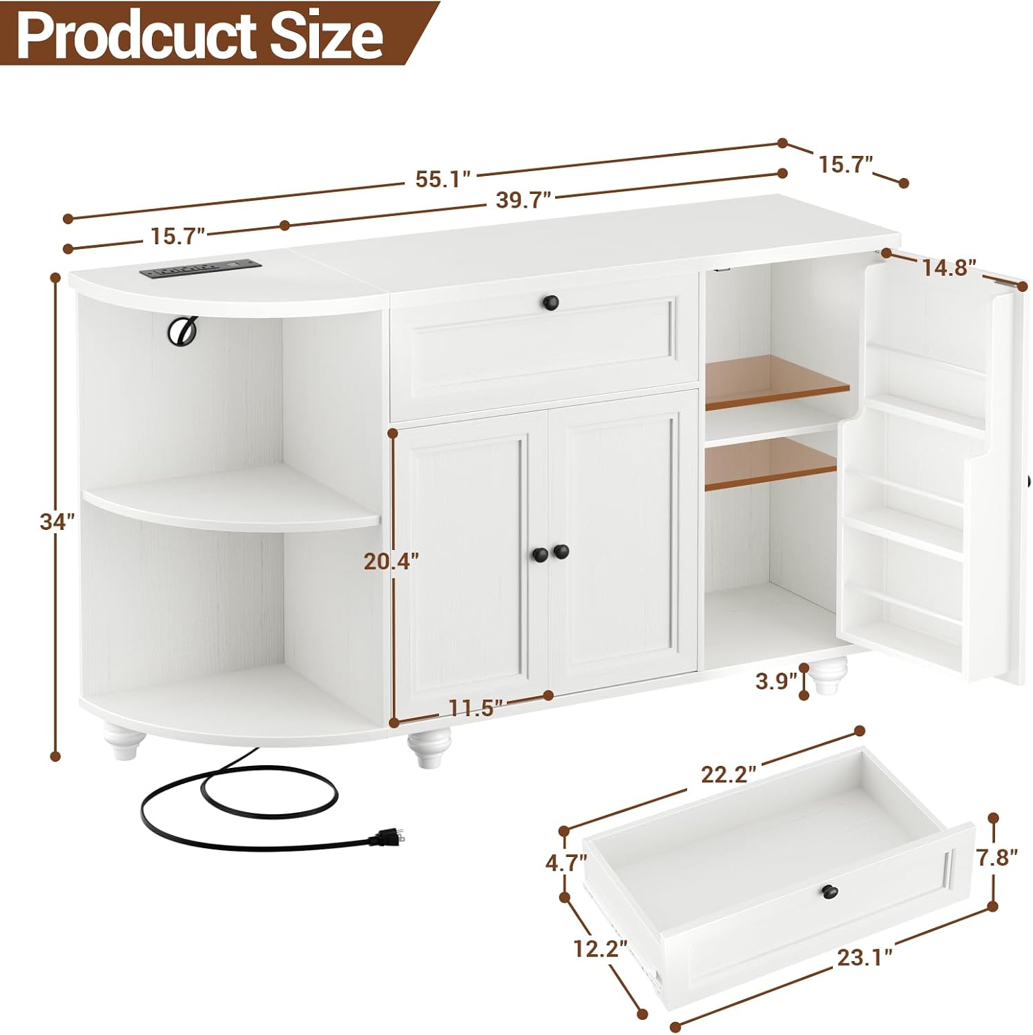 55" White Freestanding Coffee Bar Cabinet with Charging Station, Wine Rack, Drawer, Modern Liquor Wine Cabinet Home Mini Bar Sideboard Buffet Cabinet for Kitchen Dining Living Room Small Space