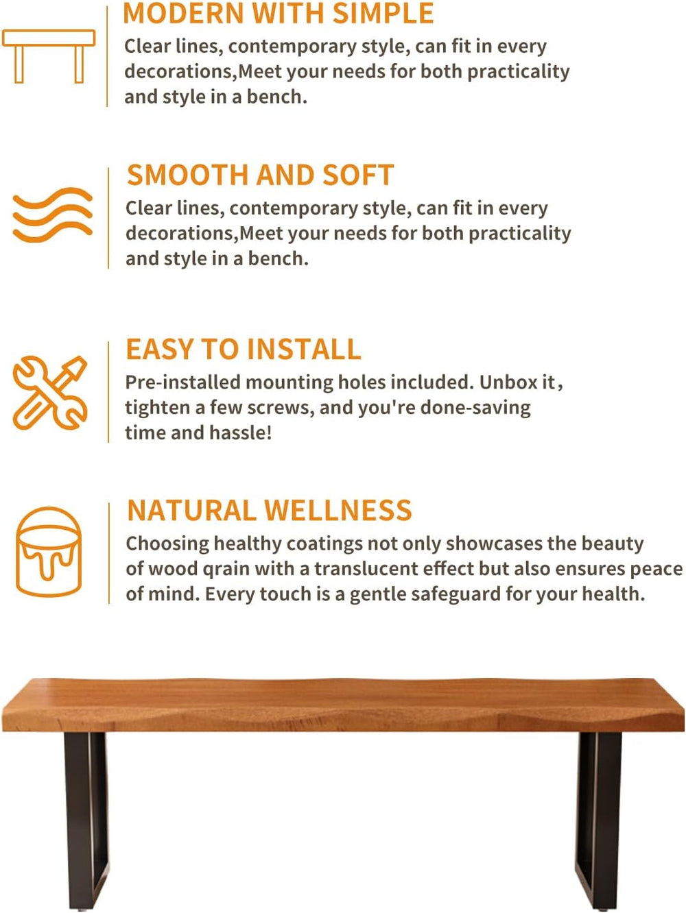 Modern Rustic Solid Wood Bench with Black Metal Legs, Industrial Farmhouse St...