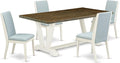 East West Furniture V077LA015-5 5 Piece Dinette Set Includes a Rectangle Dining Room Table with V-Legs and 4 Baby Blue Linen Fabric Upholstered Parson Chairs, 40x72 Inch, Multi-Color