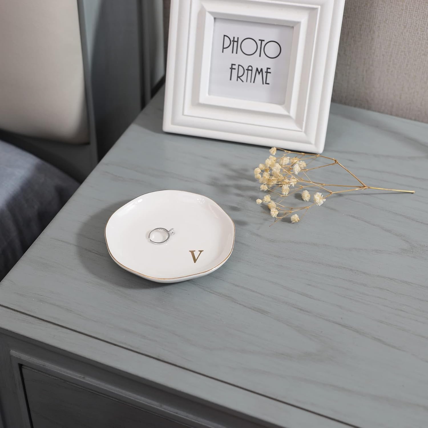 HOME SMILE Initials Ring Dish Jewery Tray with Personalized V-Monogrammed Engagement Wedding Gifts for Friends,Sister,Birthday Christmas Gifts for Women,Ceramic White