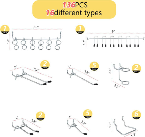 136PCS Metal Pegboard Hooks Organizer Kit for Organizing Various Tools - Heavy Duty 1/4" & 1/8" Pegboard Accessories with Pegboard Bins, Wall Mount Tool Storage for Garage, Workshop & Kitchen