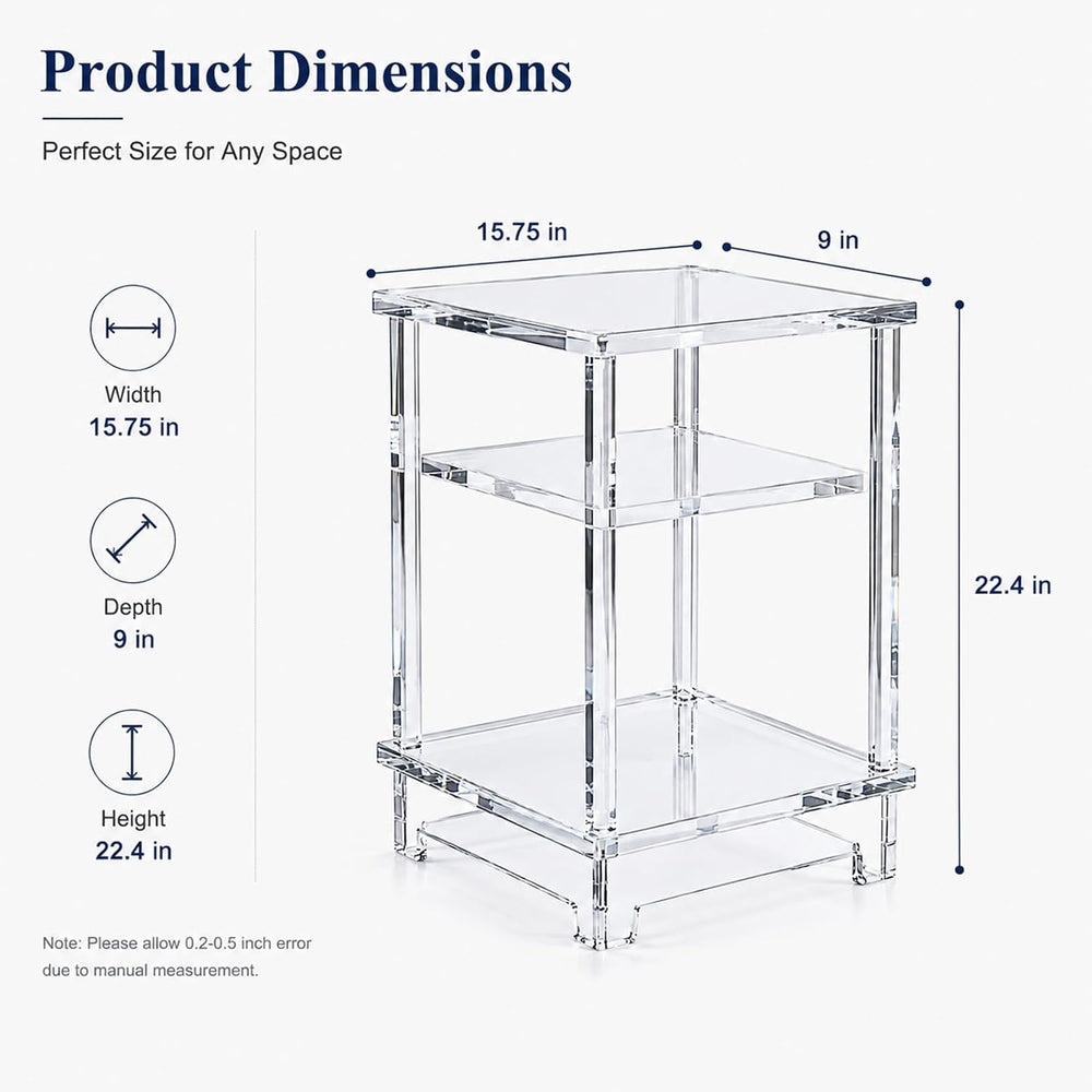 Thick Acrylic Side Shelf Table, 3-Tier Narrow Clear Acrylic End Table Nightst...